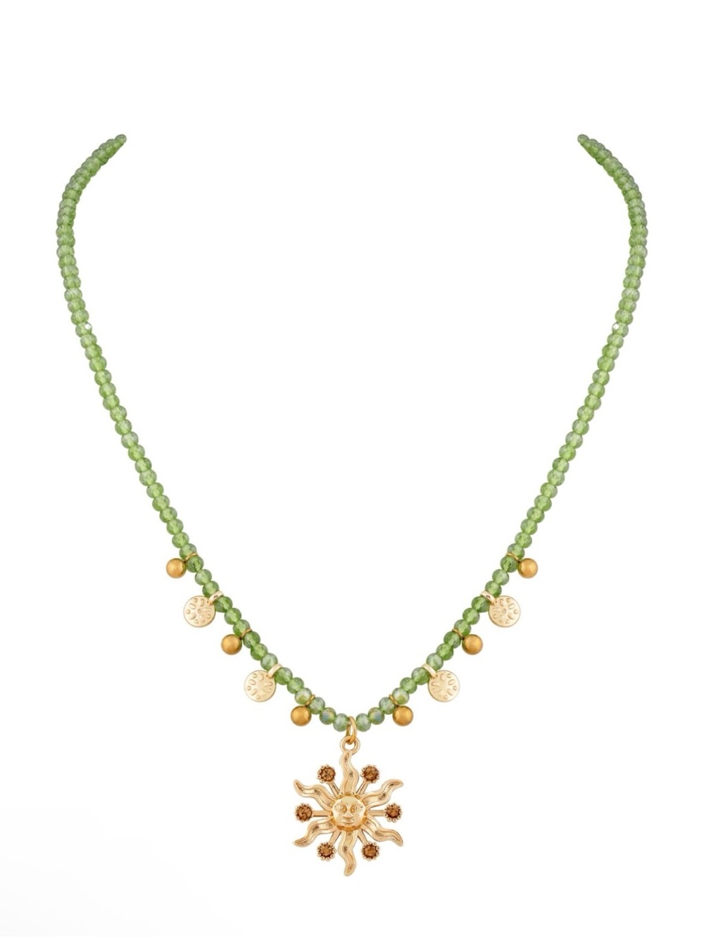 Gold Sun Pendant Green Bead Necklace